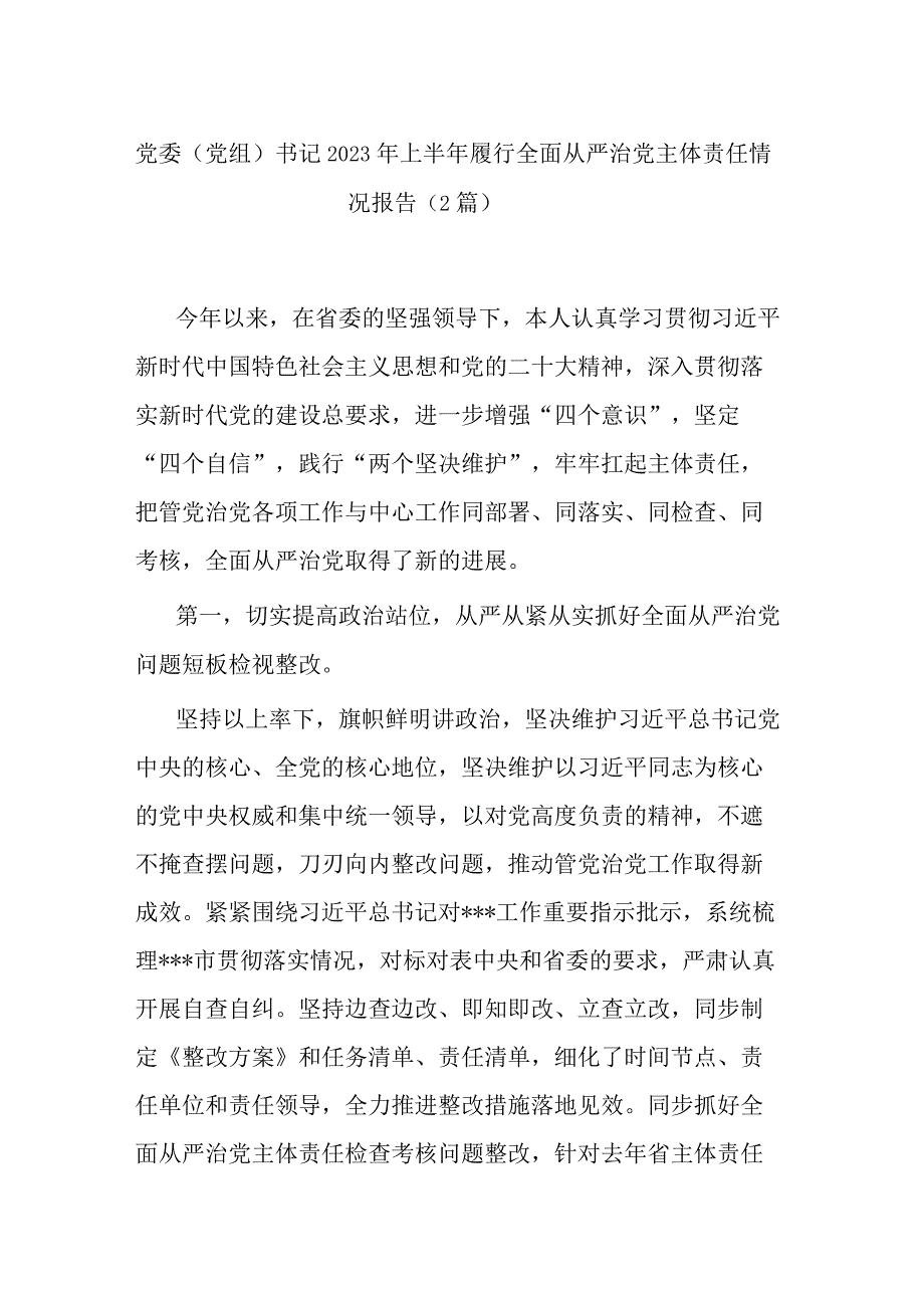 党委党组书记2023年上半年履行全面从严治党主体责任情况报告2篇.docx_第1页