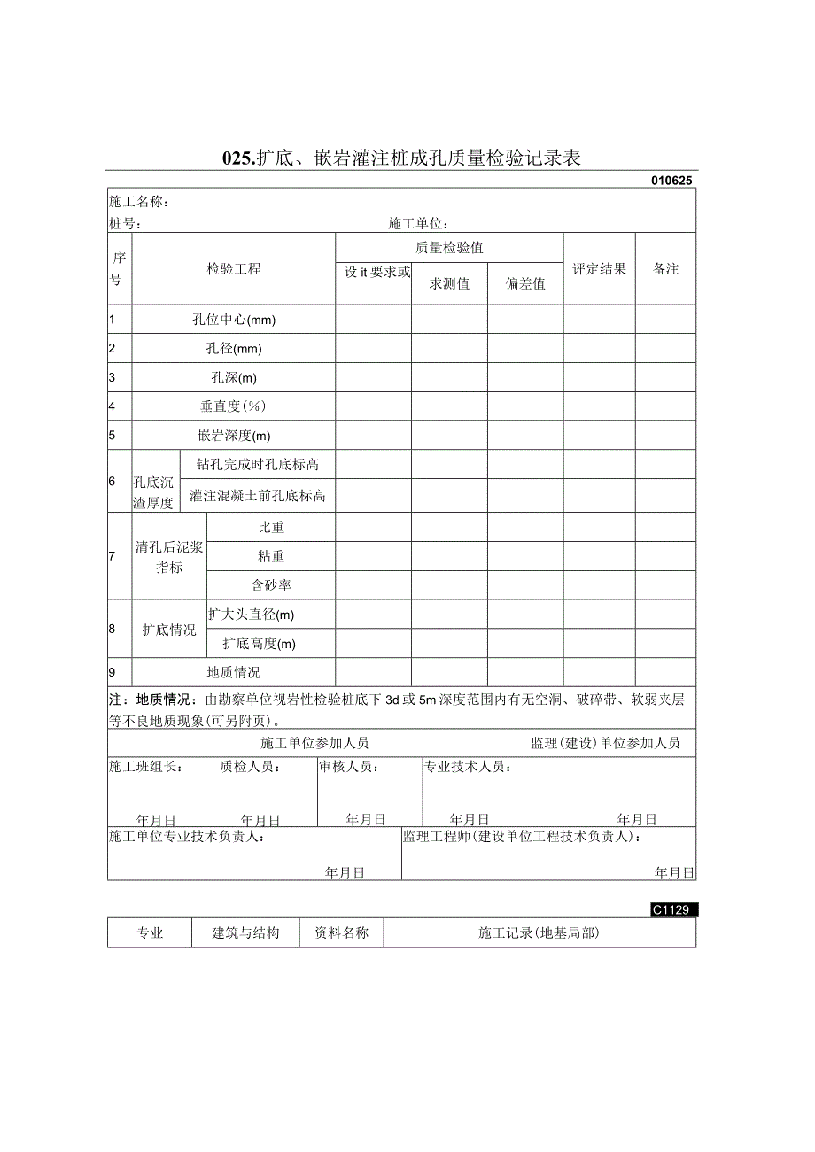 2023年扩底嵌岩灌注桩成孔质量检验记录表.docx_第1页