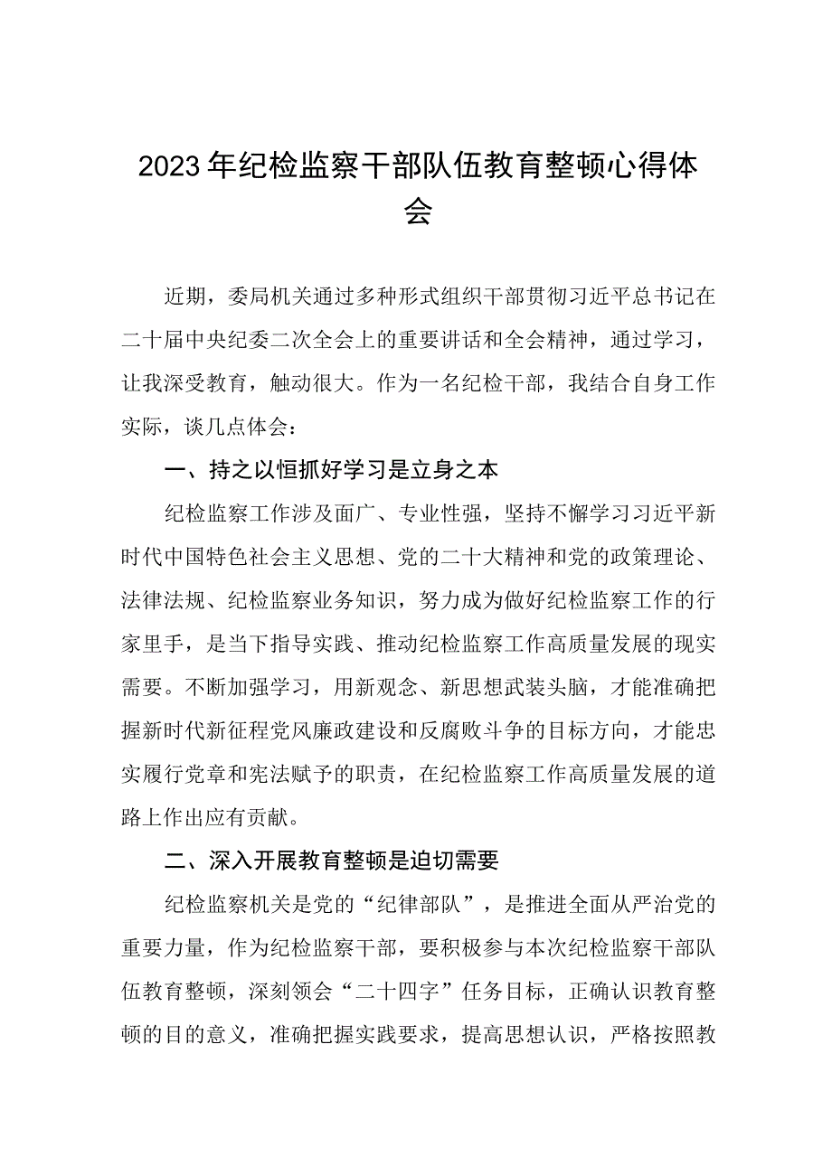 2023纪检监察干部队伍教育整顿活动心得体会材料两篇.docx_第1页