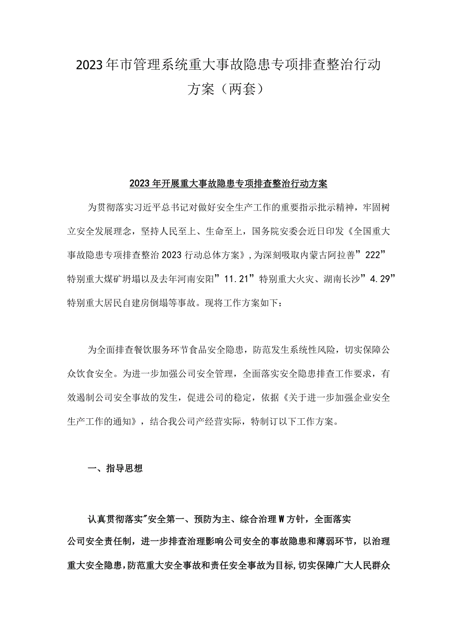 2023年市管理系统重大事故隐患专项排查整治行动方案两套.docx_第1页