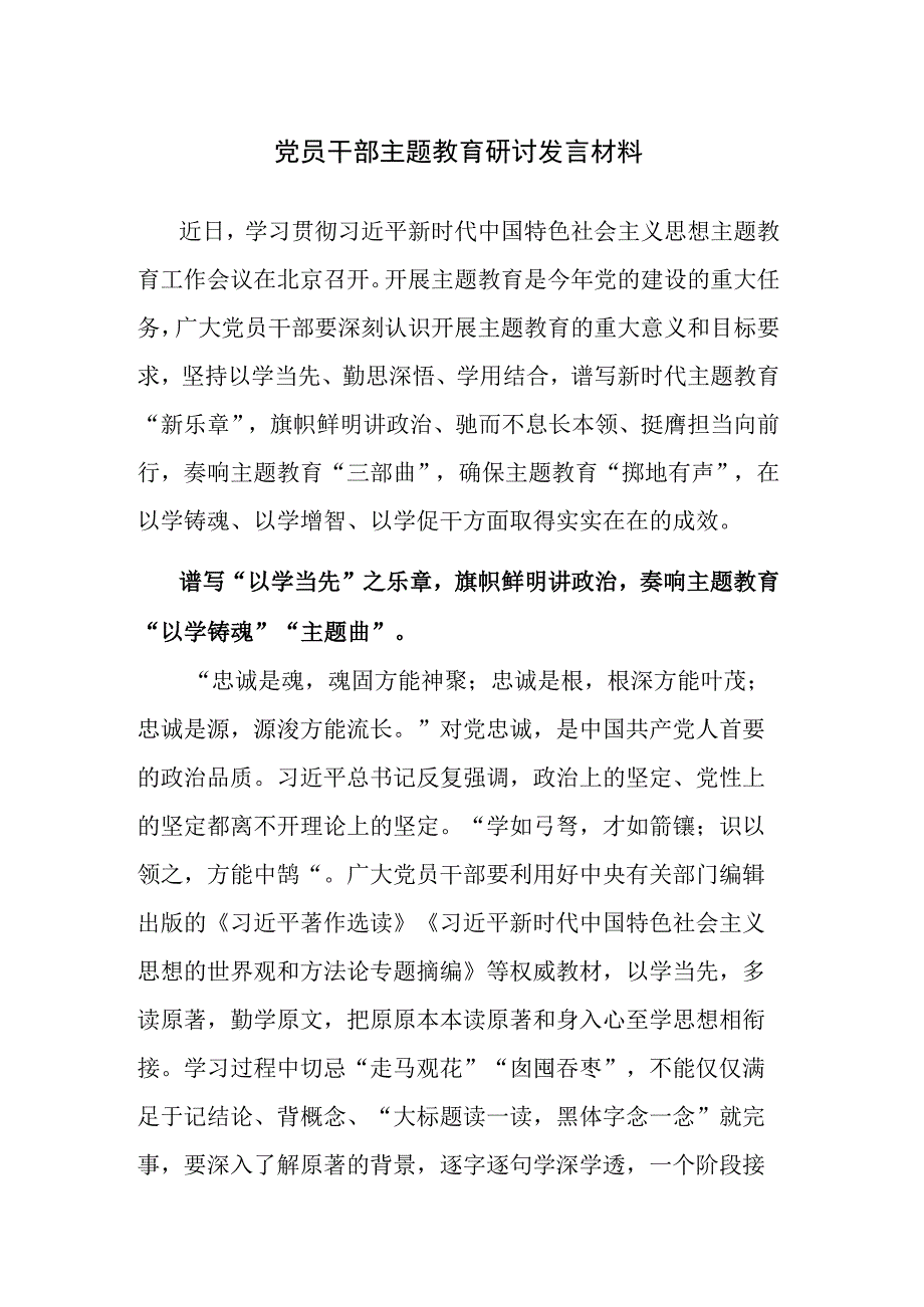 2023年党员干部主题教育研讨发言材料范文.docx_第1页