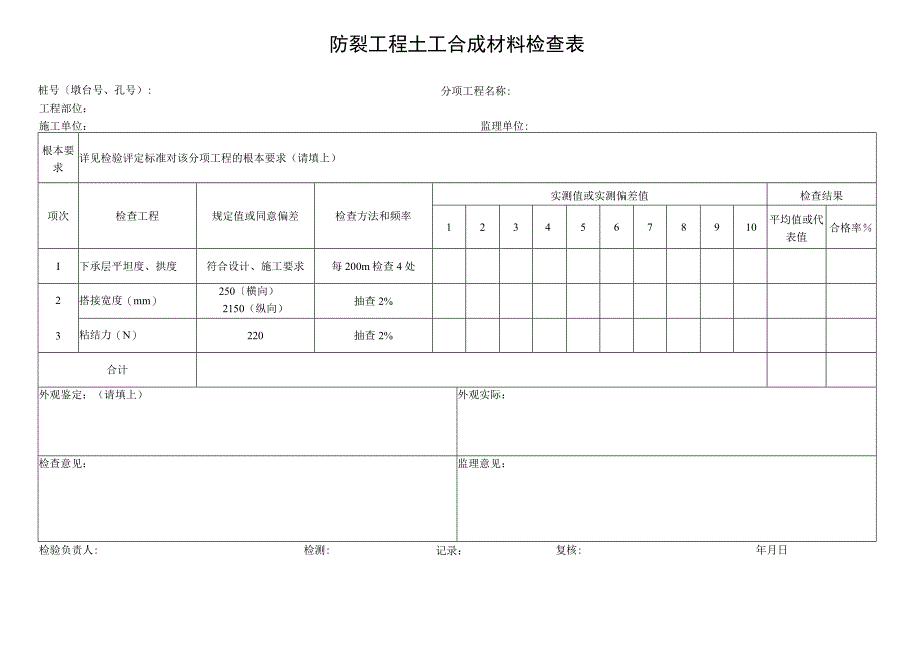 2023年防裂工程土工合成材料检查表.docx_第1页