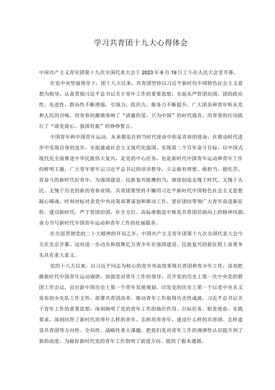 2篇学习共青团第十九次全国代表大会心得体会.docx_第1页