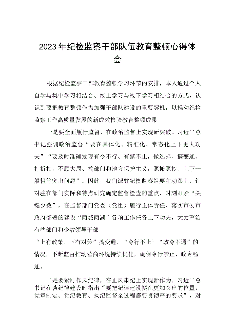 2023年纪检监察干部队伍教育整顿心得体会研讨发言材料六篇.docx_第1页