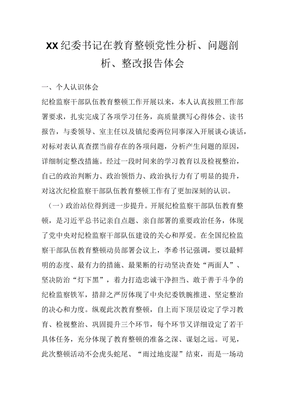 XX纪委书记在教育整顿党性分析问题剖析整改报告体会.docx_第1页