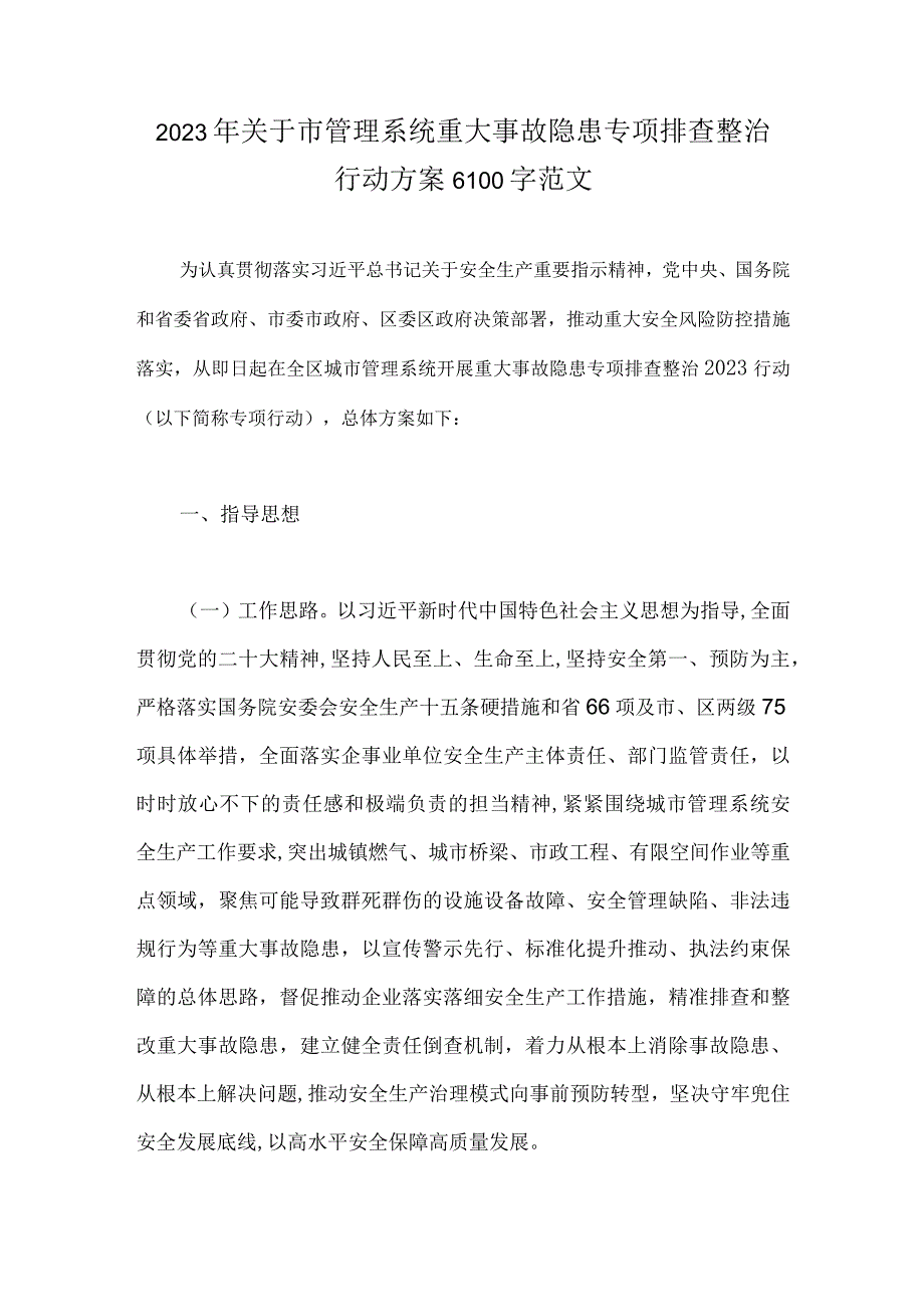 2023年关于市管理系统重大事故隐患专项排查整治行动方案6100字范文.docx_第1页