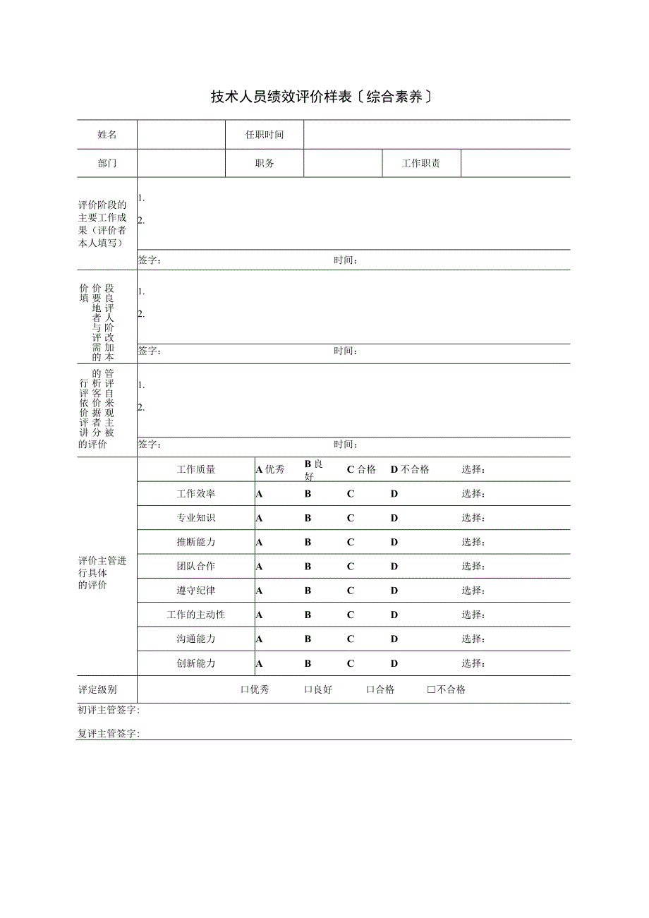 2023年技术人员绩效评价样表〔综合素养〕.docx_第1页