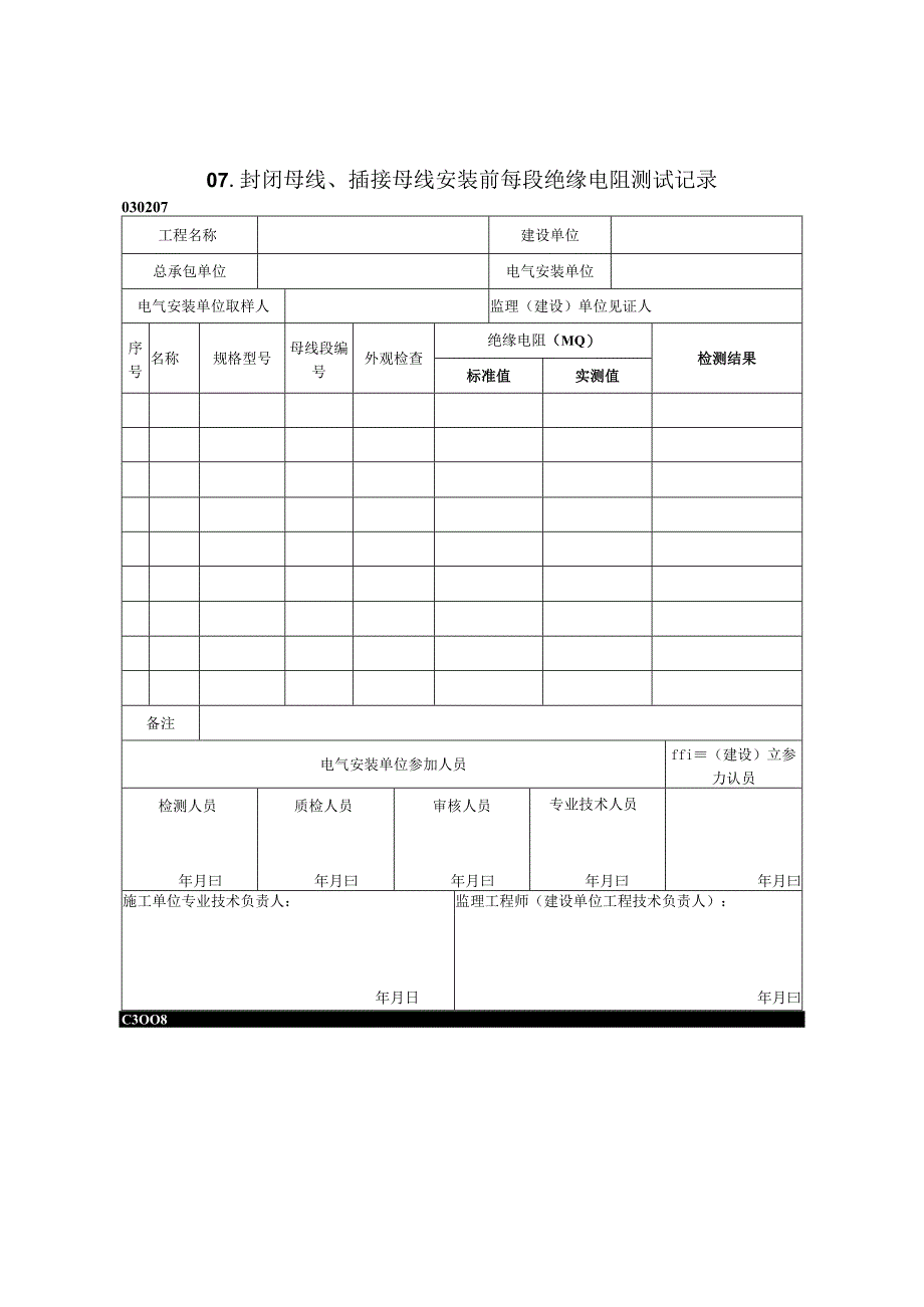 2023年封闭母线插接母线安装前每段绝缘电阻测试记录.docx_第1页