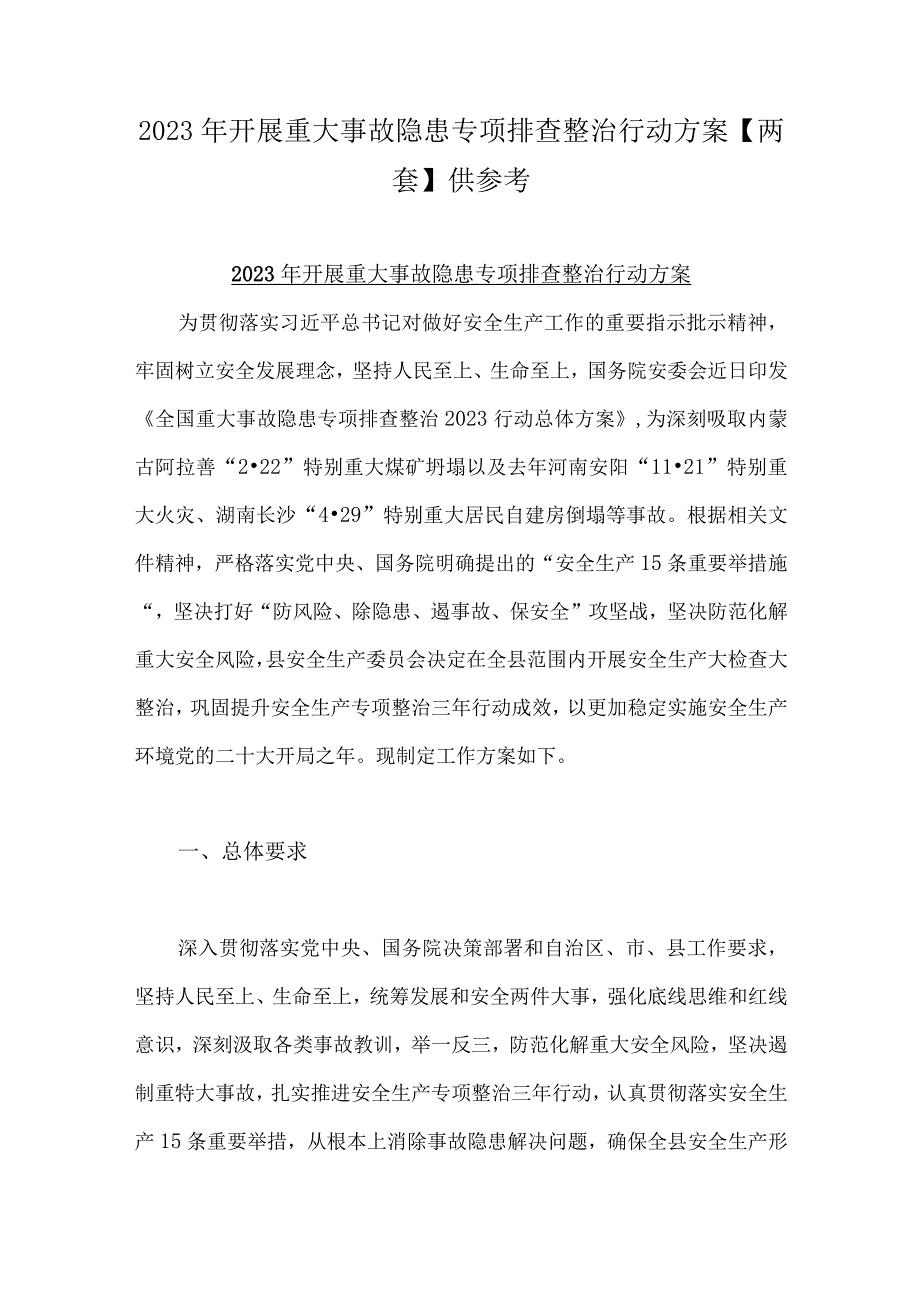 2023年开展重大事故隐患专项排查整治行动方案两套供参考.docx_第1页