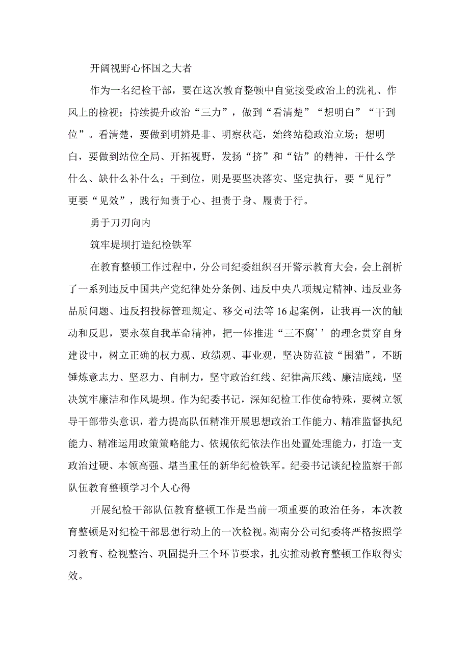 2023纪委书记谈纪检监察干部队伍教育整顿个人学习心得总结精选10篇合集.docx_第2页