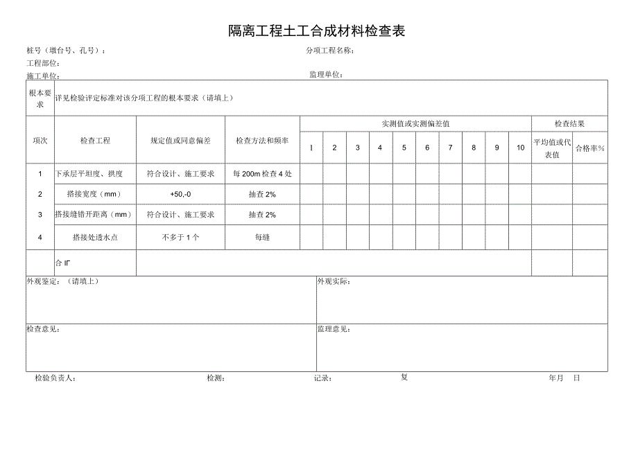 2023年隔离工程土工合成材料检查表.docx_第1页