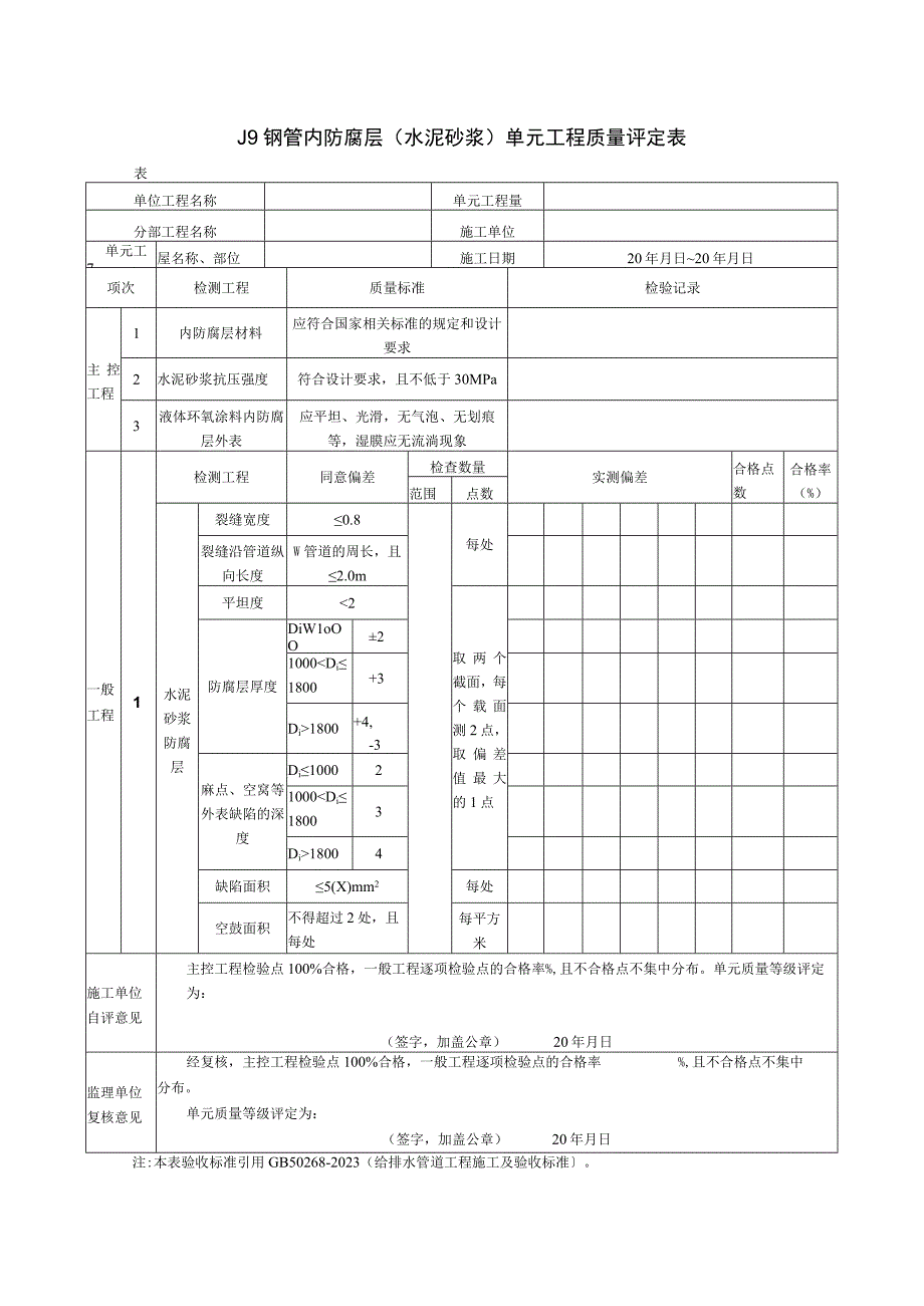 2023年钢管内防腐层水泥砂浆单元工程质量评定表.docx_第1页