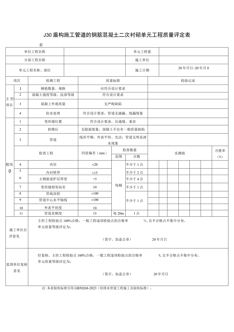 2023年盾构施工管道的钢筋混凝土二次衬砌单元工程质量评定表.docx_第1页