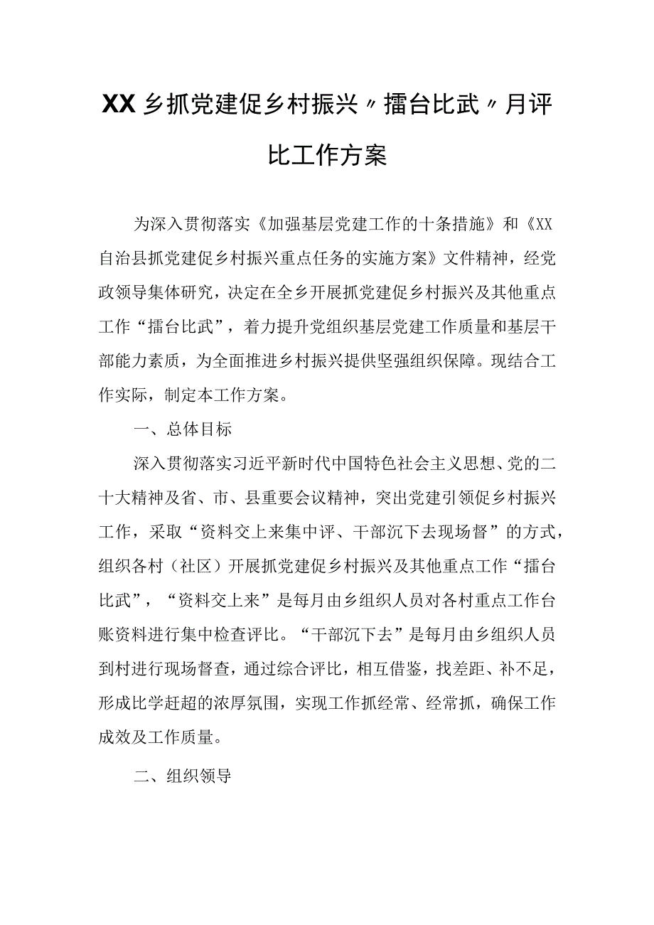 XX乡抓党建促乡村振兴擂台比武月评比工作方案.docx_第1页