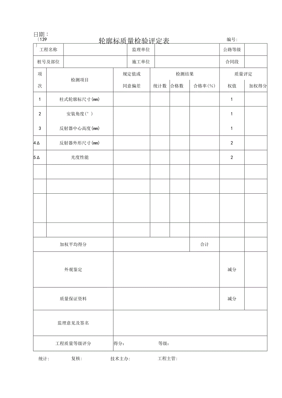 2023年轮廓标质量检验评定表.docx_第1页