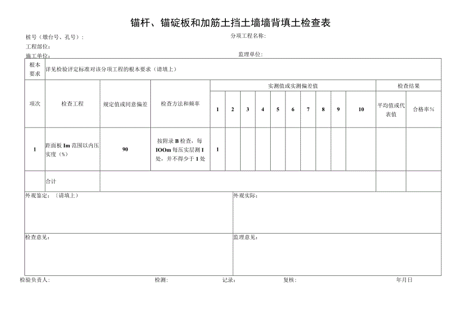 2023年锚杆锚碇板和加筋土挡土墙墙背填土检查表.docx_第1页