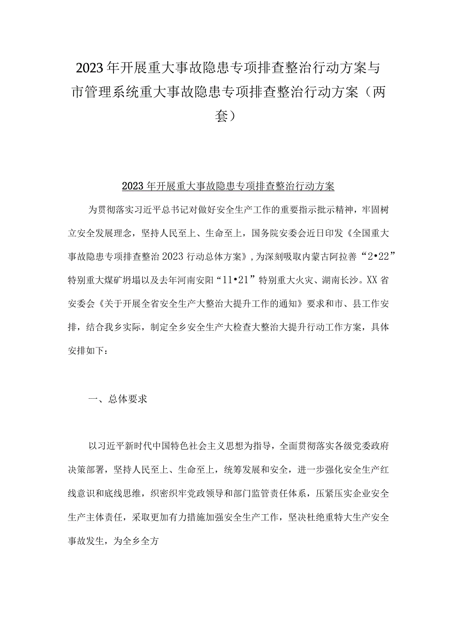 2023年开展重大事故隐患专项排查整治行动方案与市管理系统重大事故隐患专项排查整治行动方案两套.docx_第1页