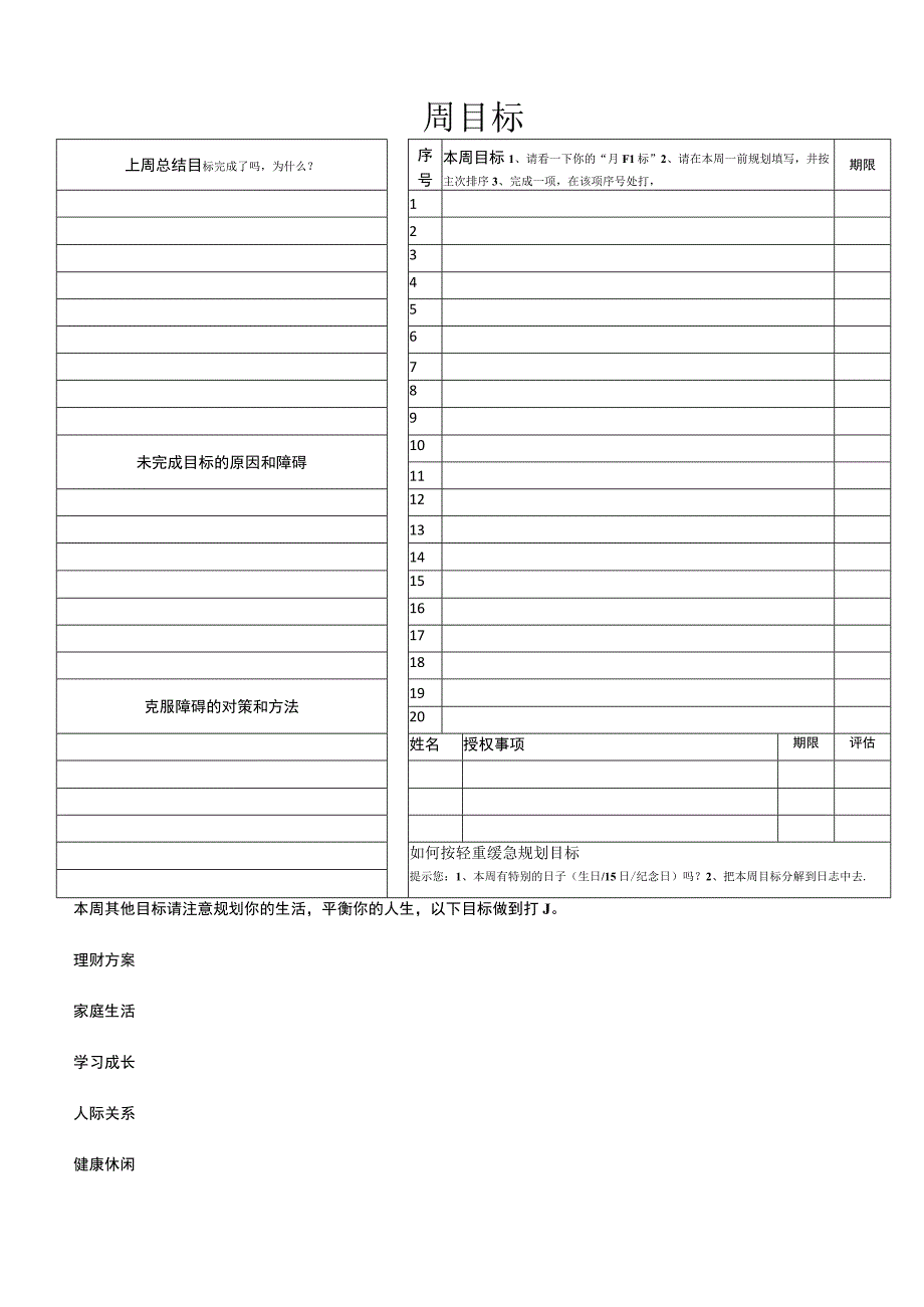 2023年个人规划表：周 目 标.docx_第1页