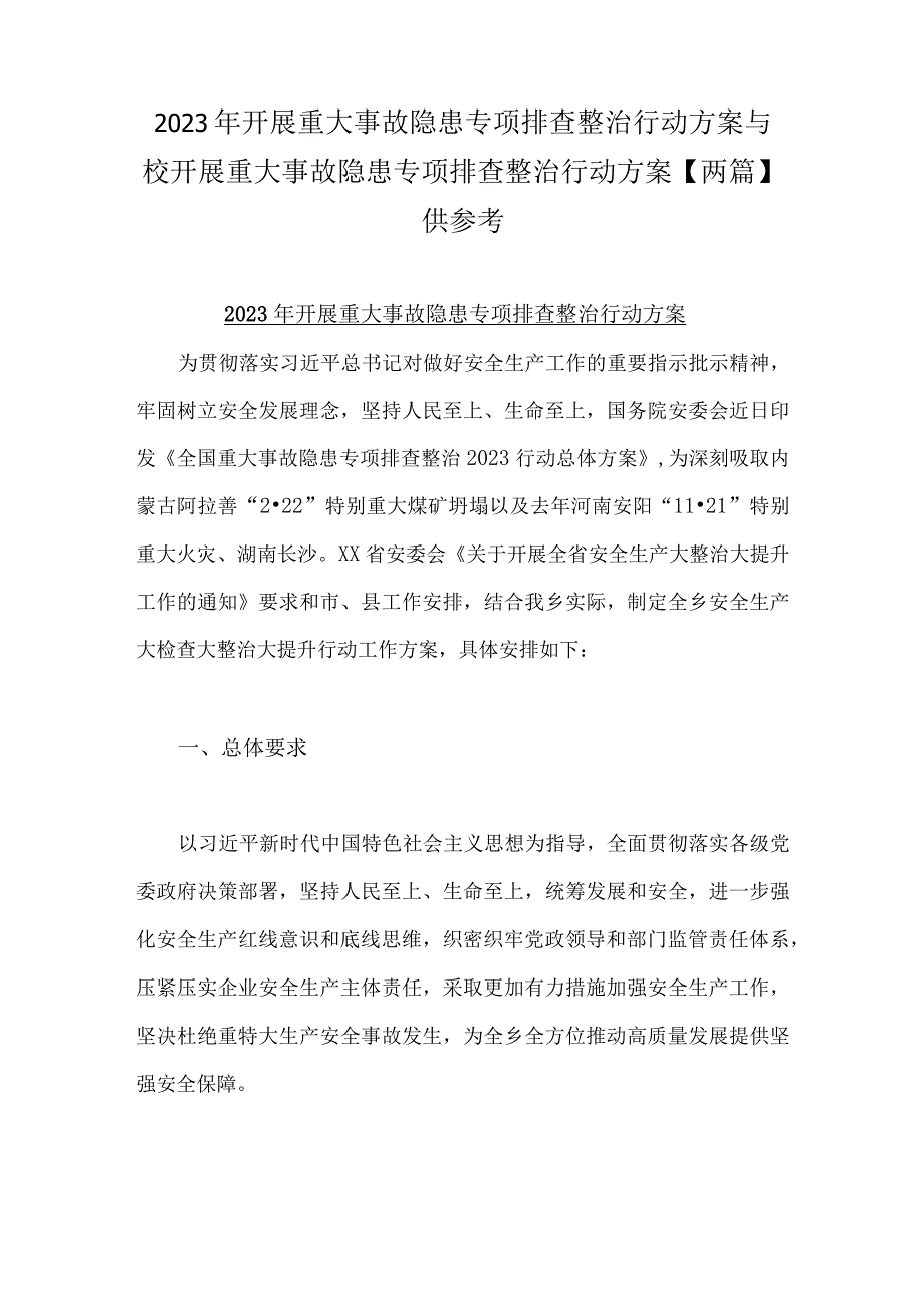 2023年开展重大事故隐患专项排查整治行动方案与校开展重大事故隐患专项排查整治行动方案两篇供参考.docx_第1页