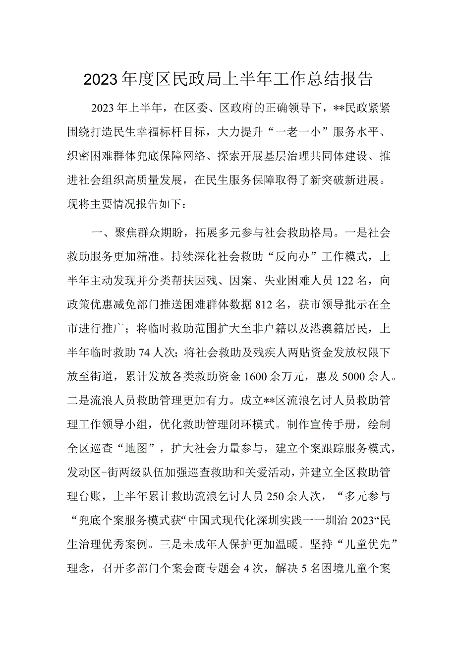 2023年度区民政局上半年工作总结报告.docx_第1页