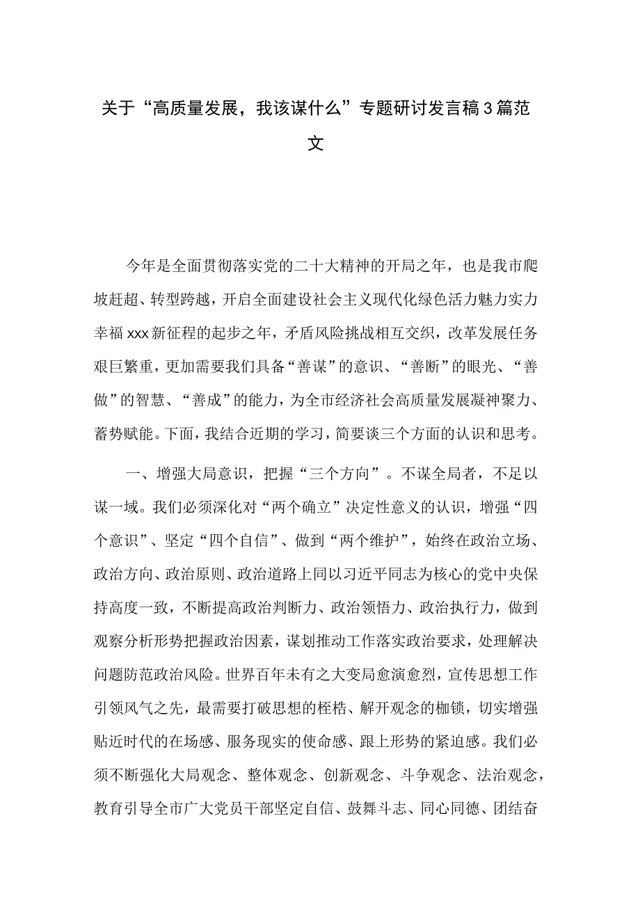 关于高质量发展我该谋什么专题研讨发言稿3篇范文.docx_第1页