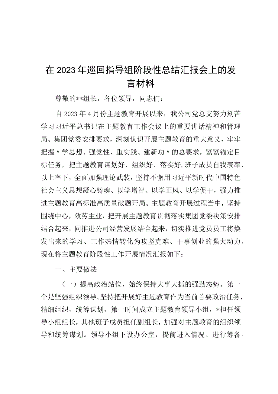 在2023年巡回指导组阶段性总结汇报会上的发言材料.docx_第1页