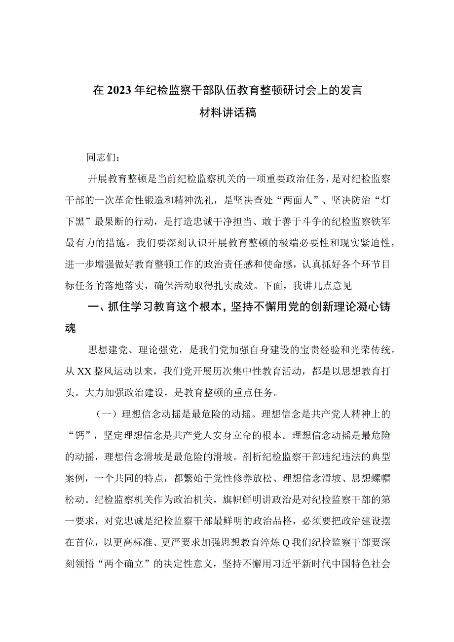 在2023年纪检监察干部队伍教育整顿研讨会上的发言材料讲话稿13篇精编版.docx_第1页