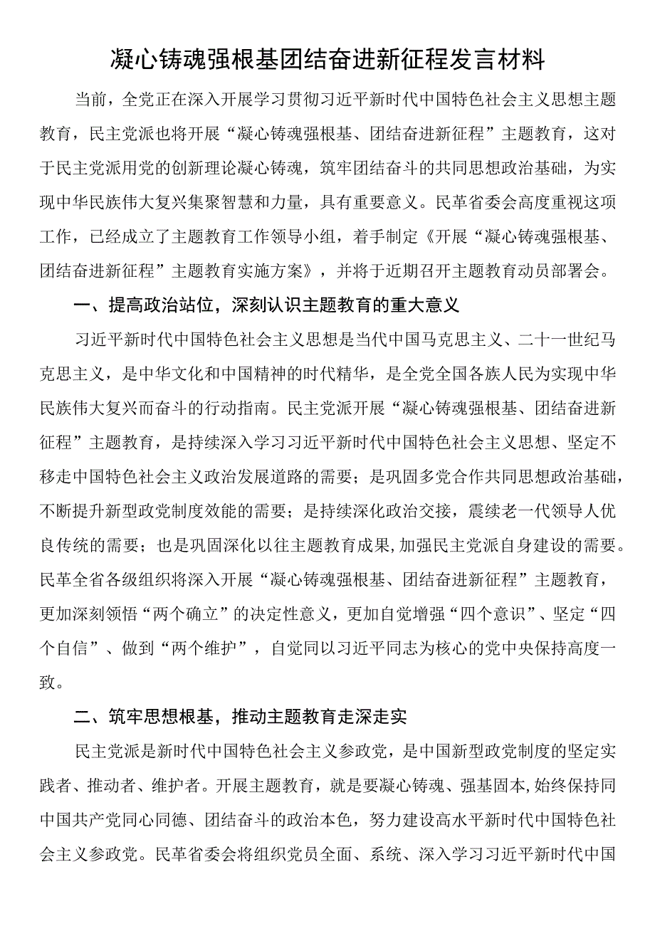 凝心铸魂强根基 团结奋进新征程发言材料.docx_第1页