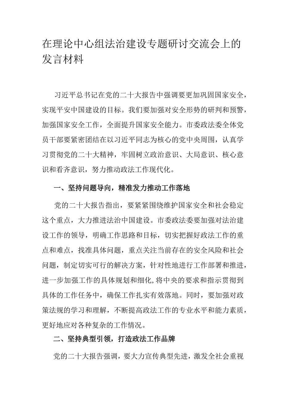 在理论中心组法治建设专题研讨交流会上的发言材料.docx_第1页