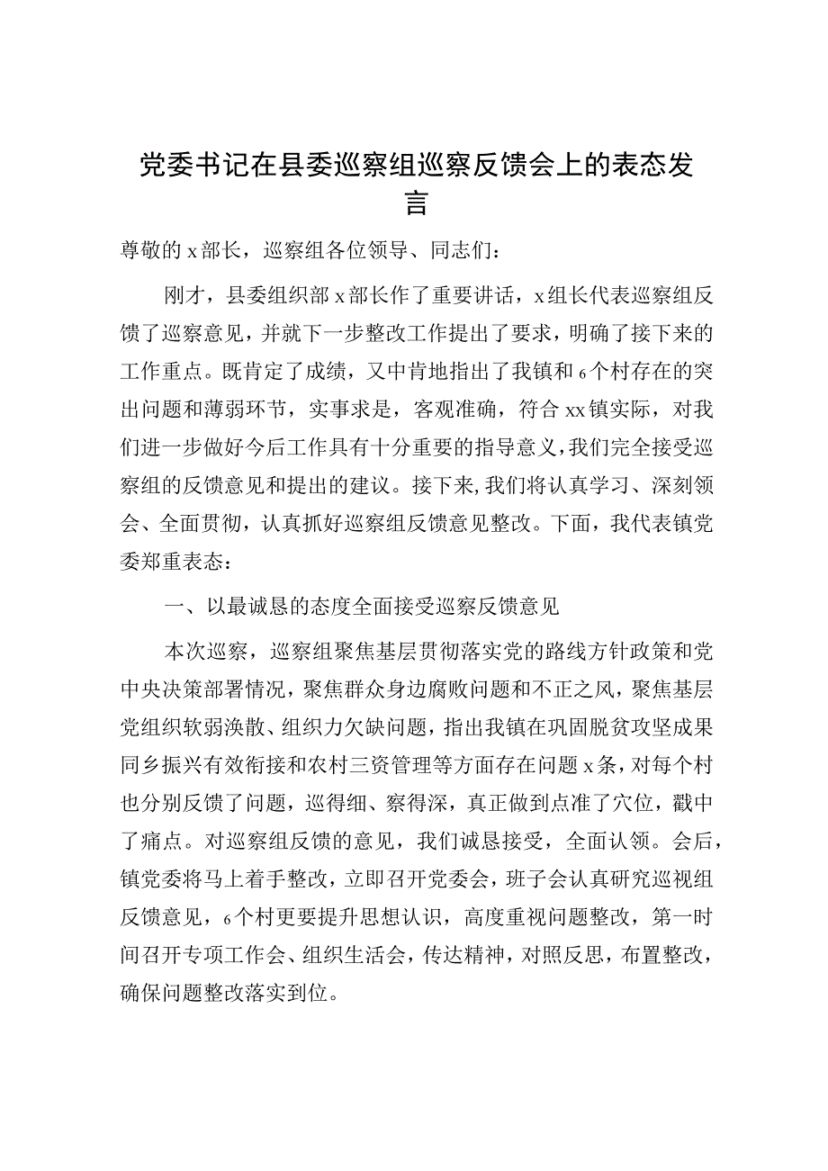 在巡察组巡察反馈会上的表态发言乡镇.docx_第1页