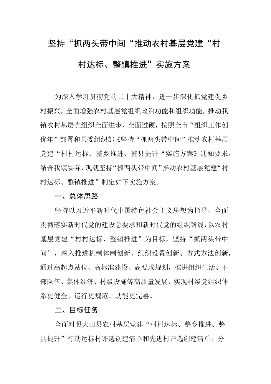 坚持抓两头带中间推动农村基层党建村村达标整镇推进实施方案.docx_第1页