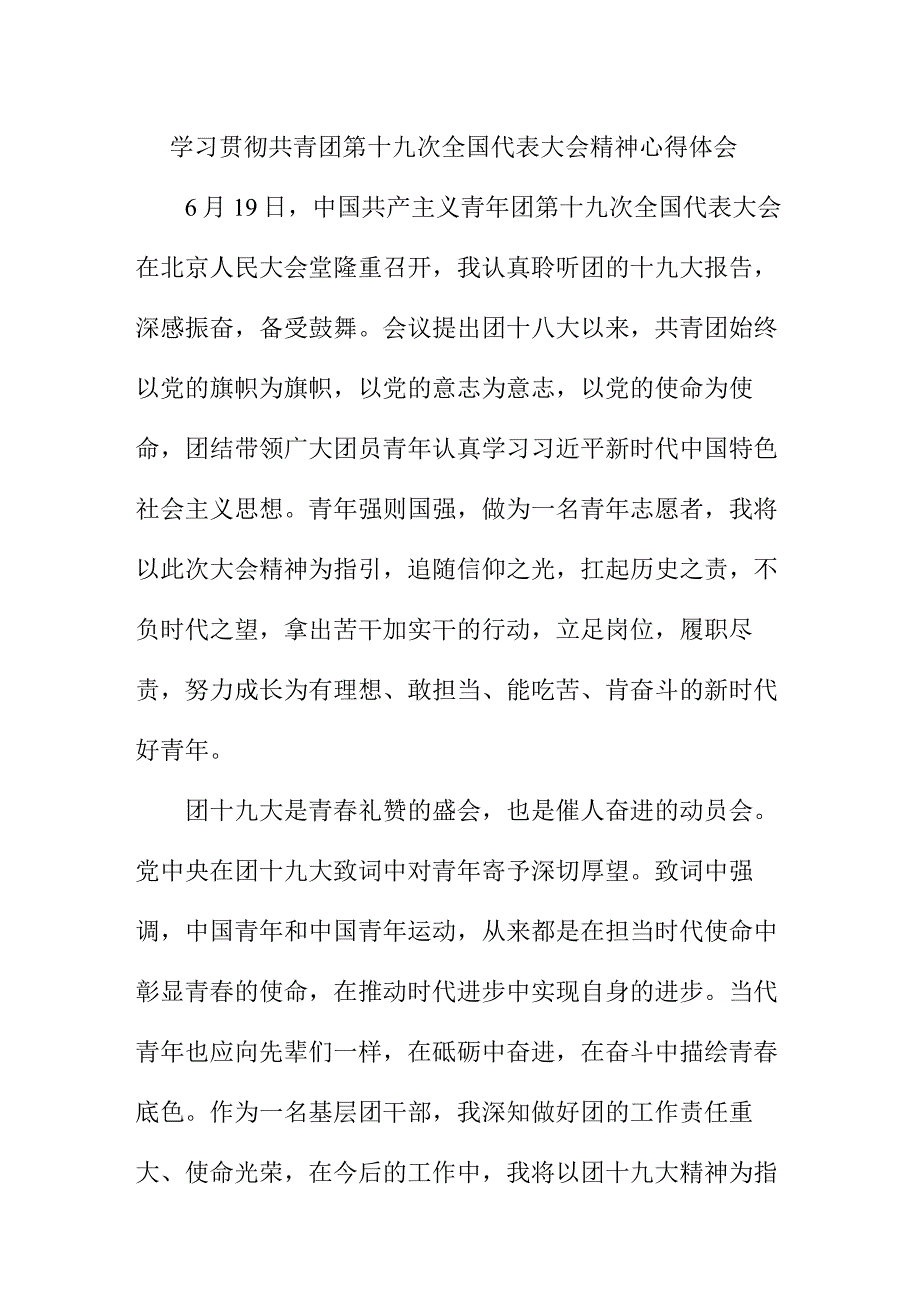 基层团干学习贯彻共青团第十九次全国代表大会精神个人心得体会 合计4份.docx_第1页