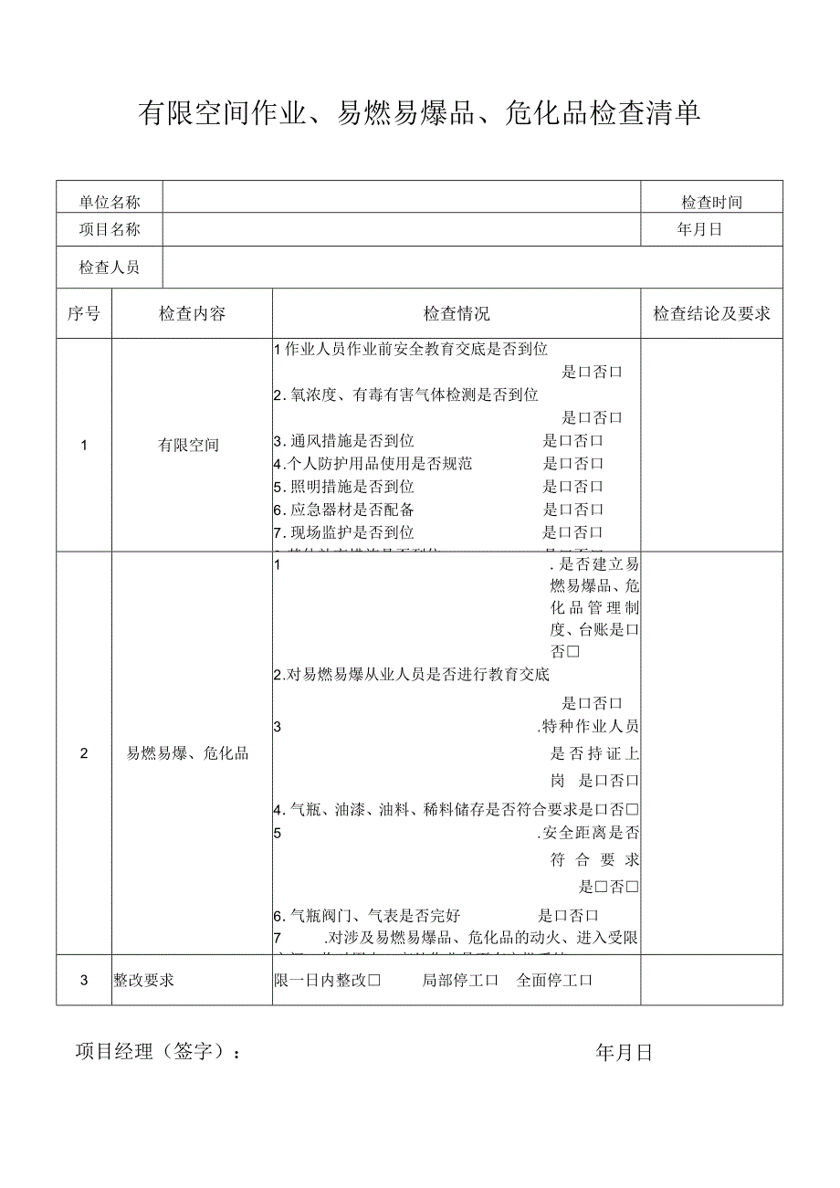 有限空间作业易燃易爆品危化品检查清单.docx_第1页