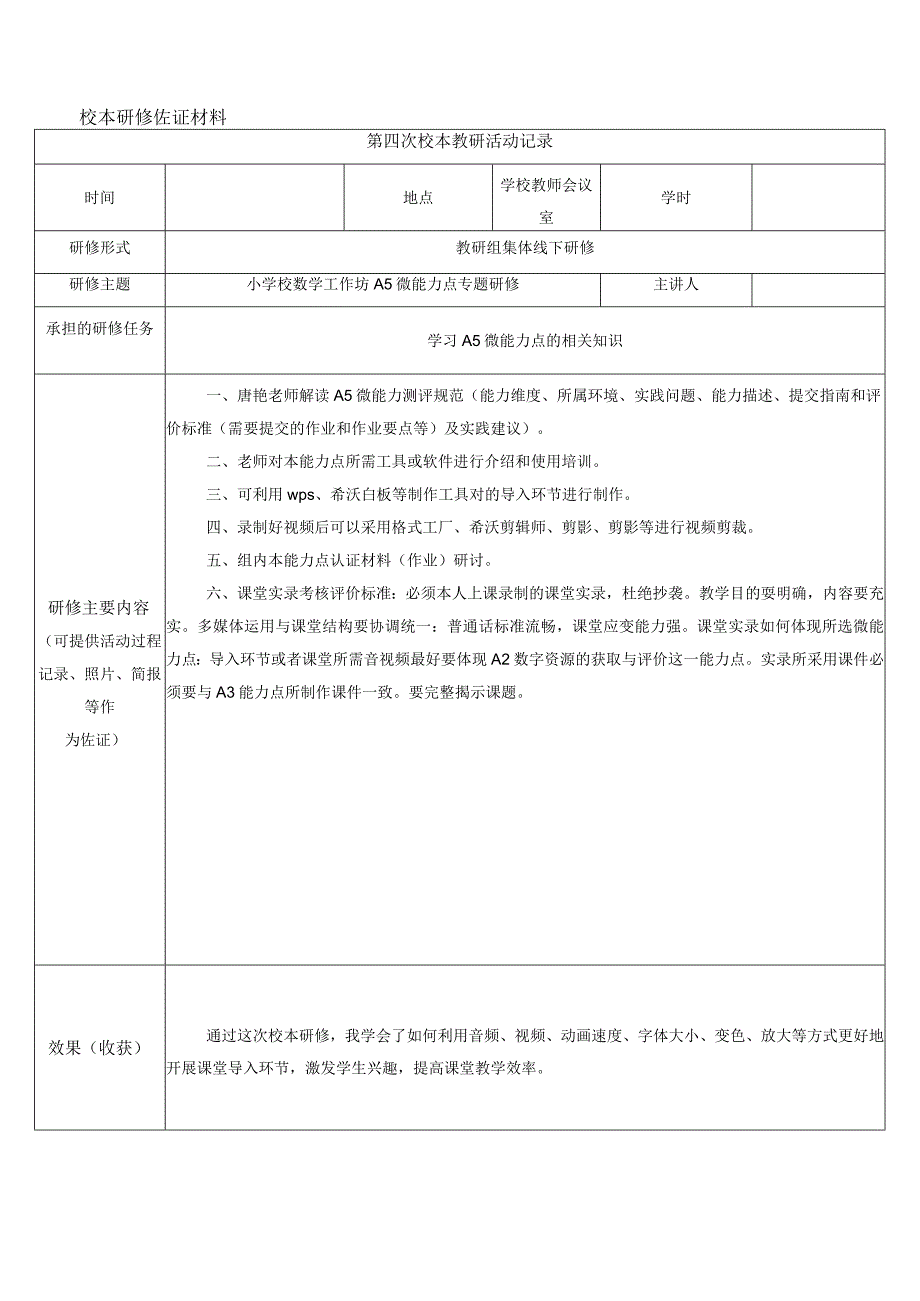 校本研修佐证材料表：学习A5微能力点的相关知识.docx_第1页