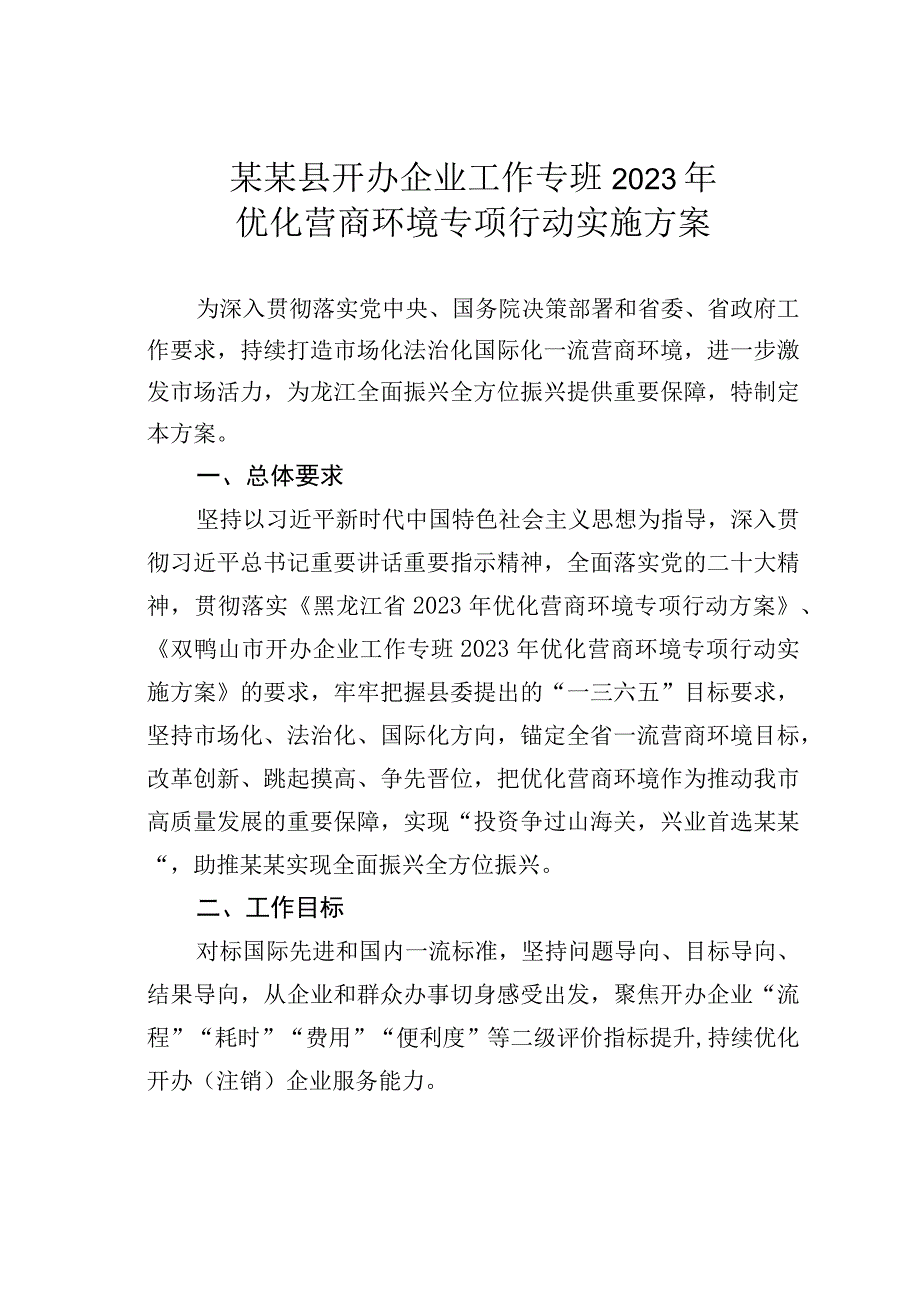 某某县开办企业工作专班2023年优化营商环境专项行动实施方案.docx_第1页