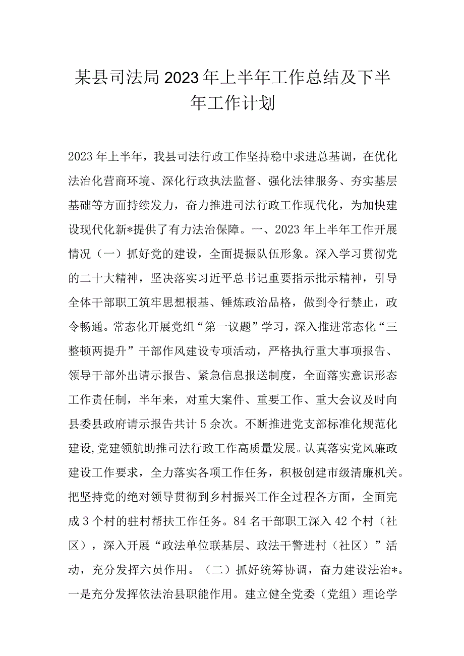 某县司法局2023年上半年工作总结及下半年工作计划.docx_第1页