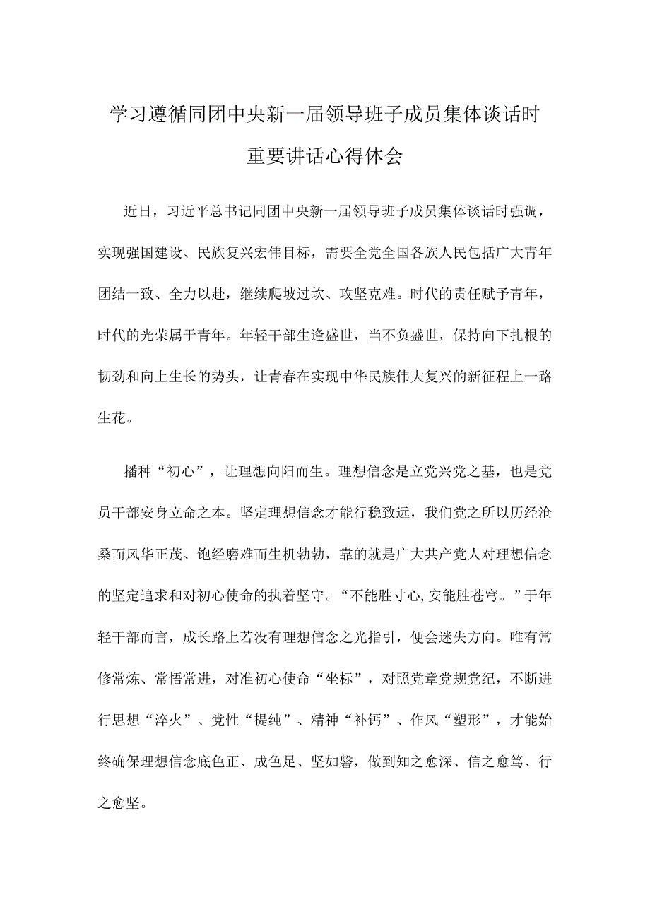 学习遵循同团中央新一届领导班子成员集体谈话时重要讲话心得体会.docx_第1页