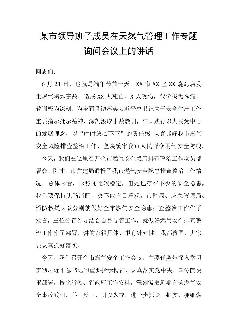 某市领导班子成员在天然气管理工作专题询问会议上的讲话.docx_第1页