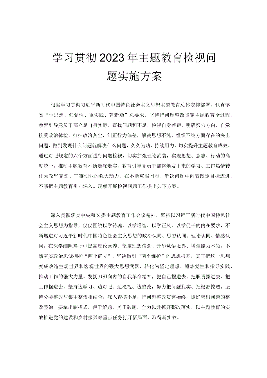 学习贯彻2023年主题教育检视问题实施方案.docx_第1页