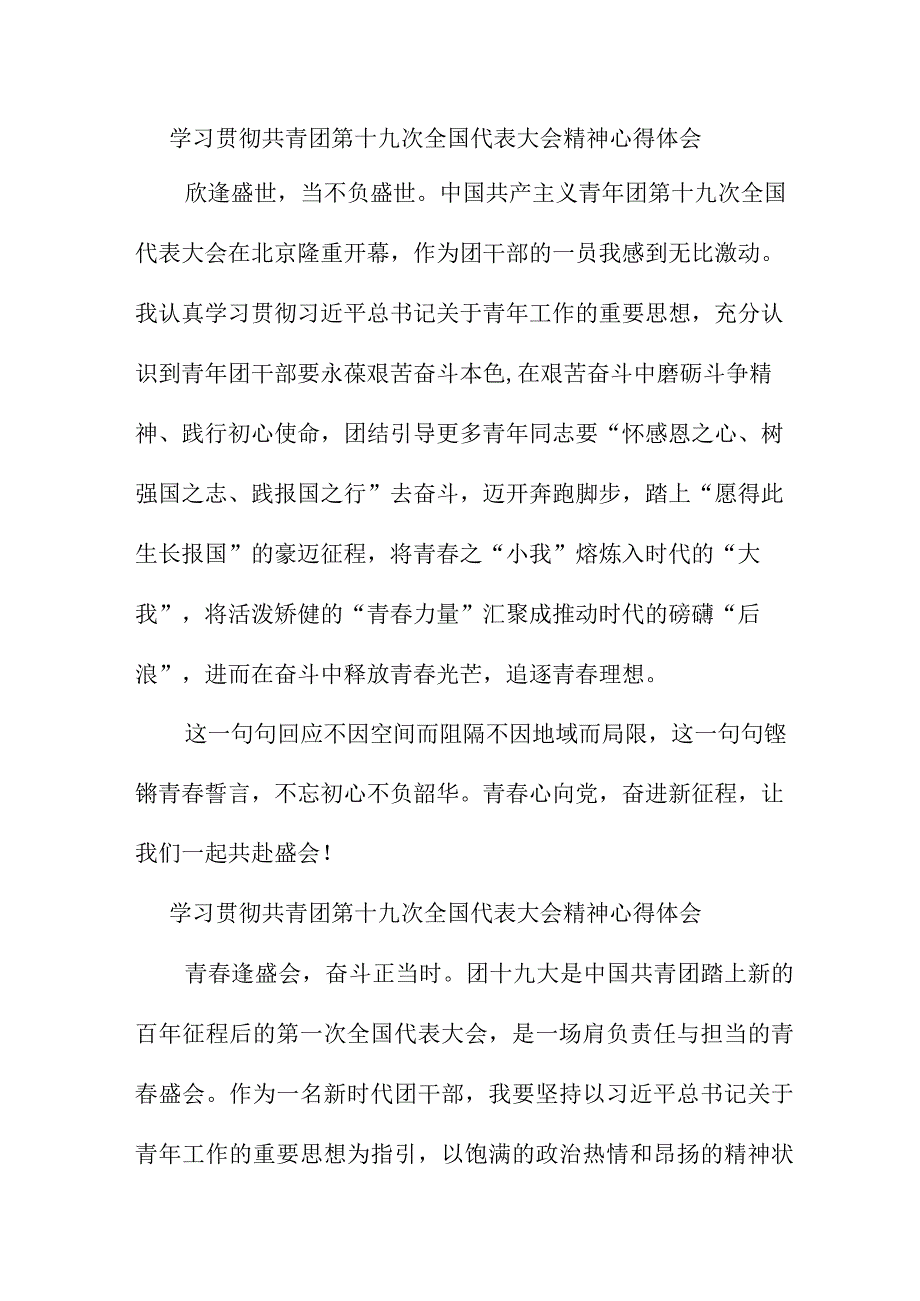 市区医院学习贯彻共青团第十九次全国代表大会精神个人心得体会 合计5份_001.docx_第1页