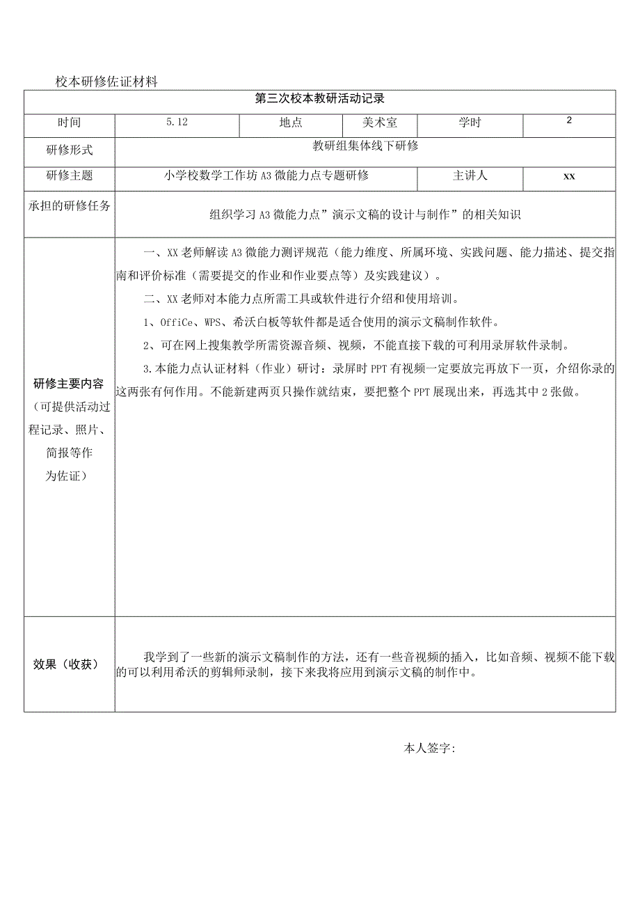 校本研修佐证材料表：组织学习A3微能力点演示文稿的设计与制作的相关知识.docx_第1页