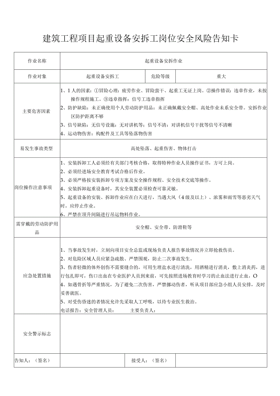 建筑工程项目起重设备安拆工岗位安全风险告知卡.docx_第1页