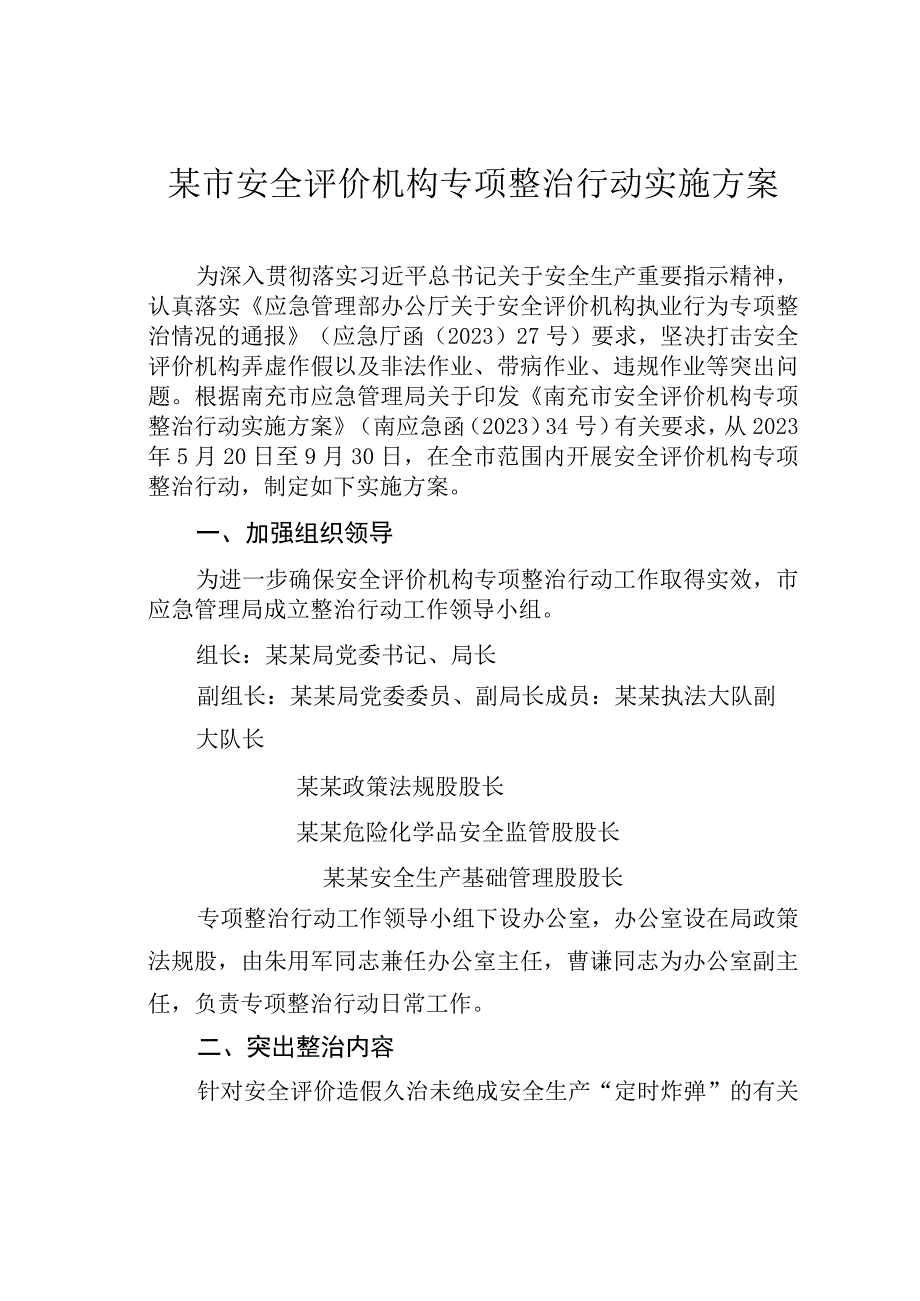 某市安全评价机构专项整治行动实施方案.docx_第1页