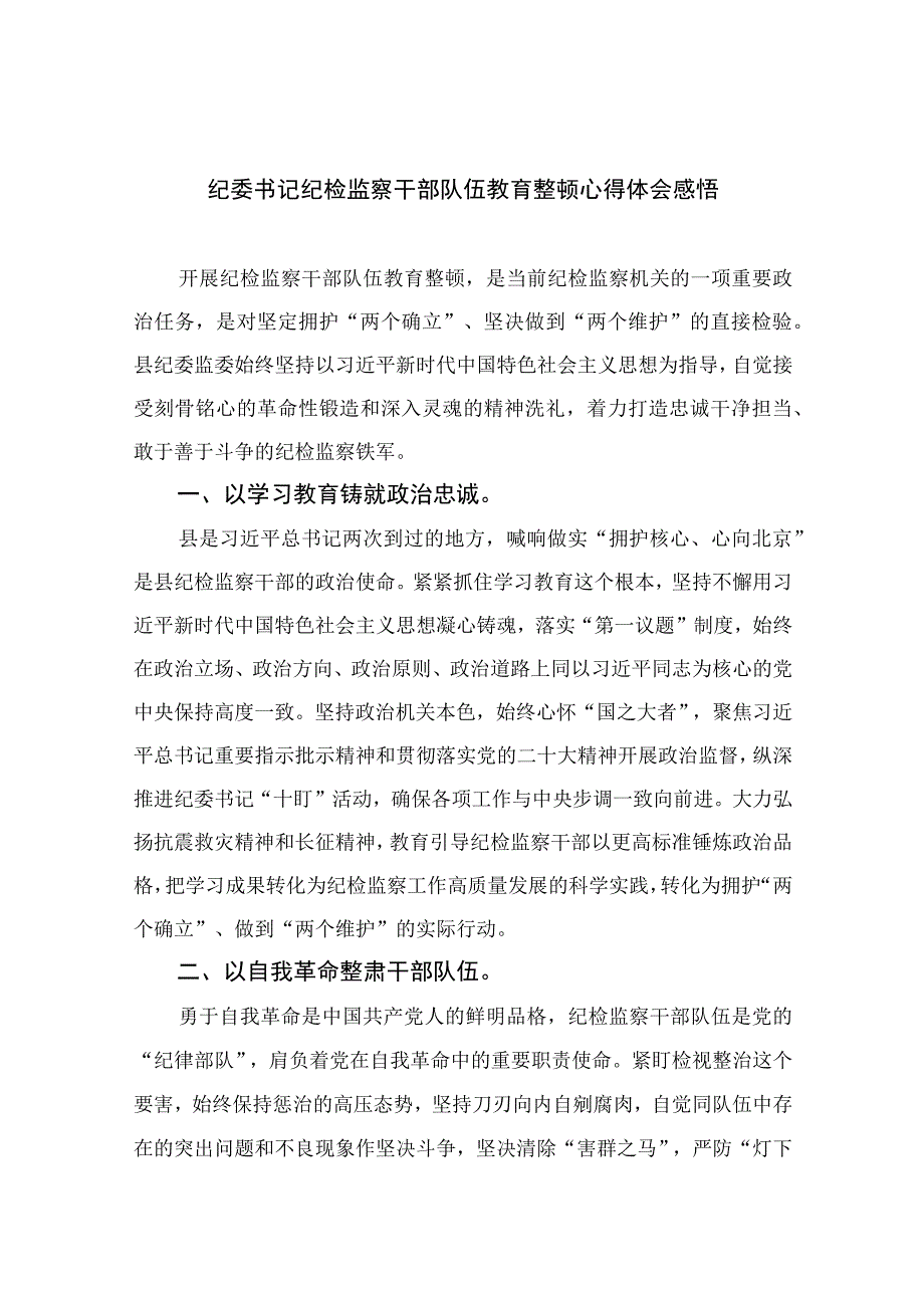 纪委书记纪检监察干部队伍教育整顿心得体会感悟最新版13篇合辑.docx_第1页