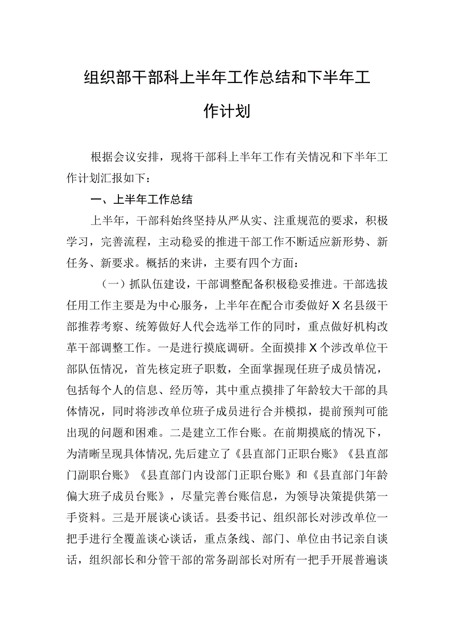 组织部干部科上半年工作总结和下半年工作计划.docx_第1页