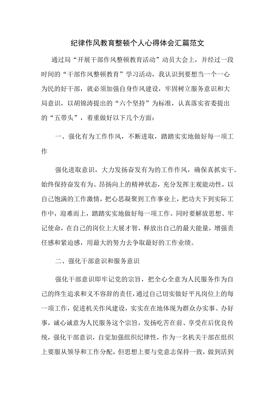 纪律作风教育整顿个人心得体会汇篇范文.docx_第1页