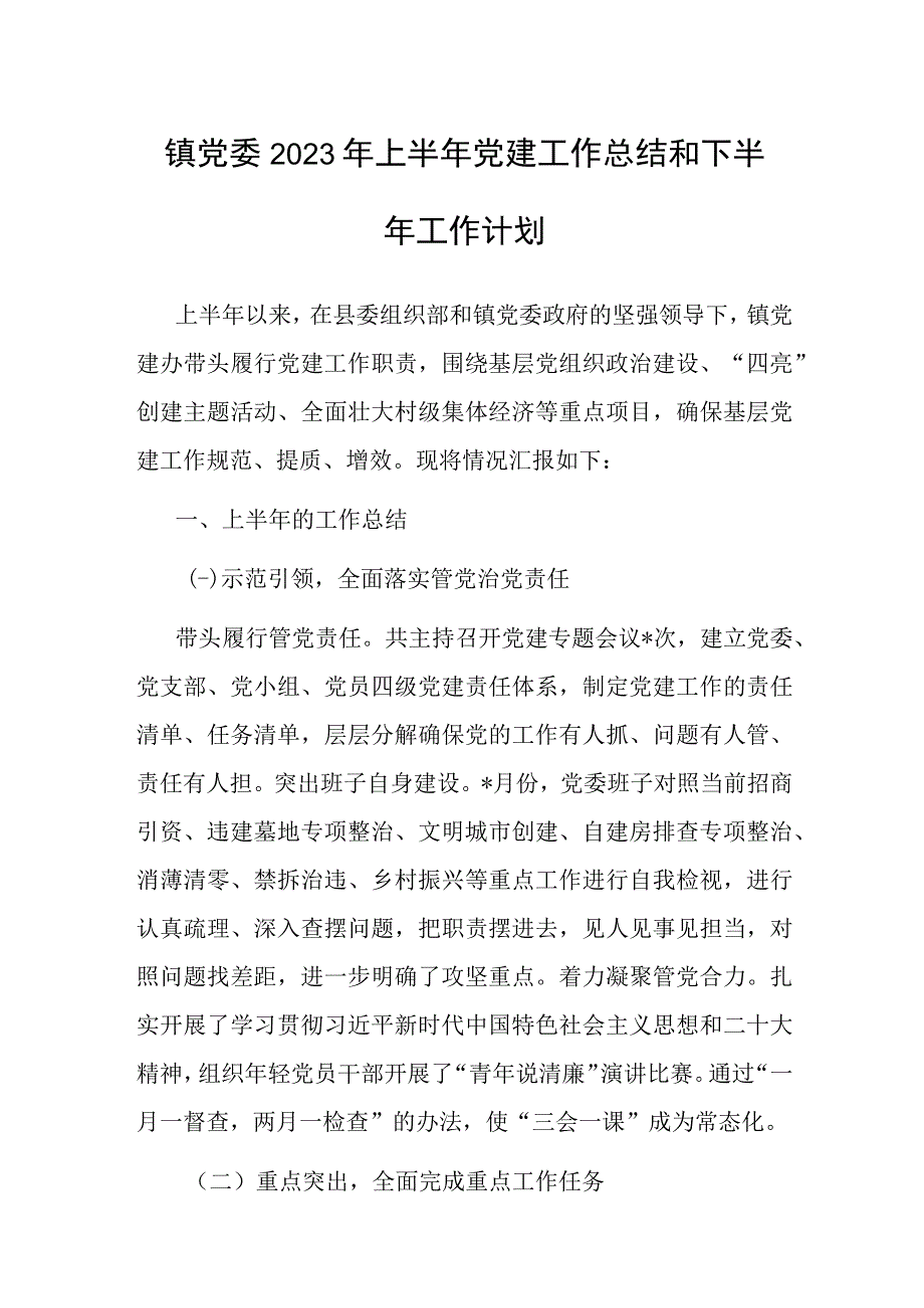 镇党委2023年上半年党建工作总结和下半年工作计划.docx_第1页