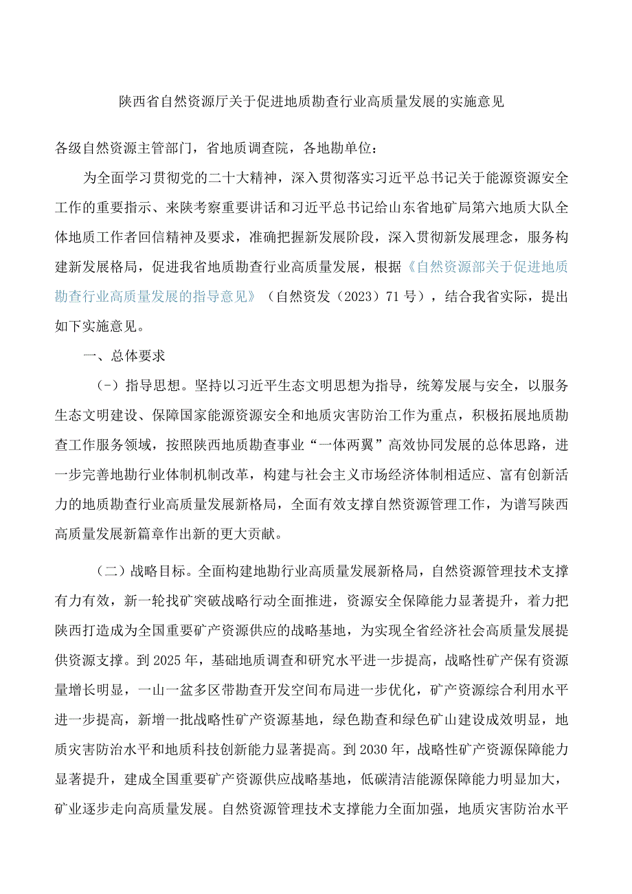 陕西省自然资源厅关于促进地质勘查行业高质量发展的实施意见.docx_第1页