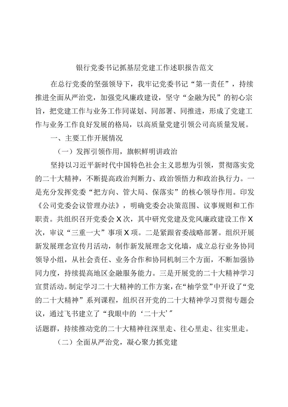 精品文档银行党委书记抓基层党建工作述职报告.docx_第1页