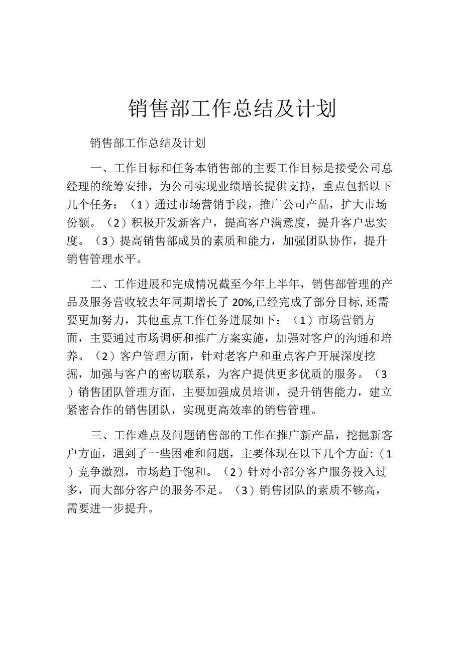 销售部工作总结及计划.docx_第1页